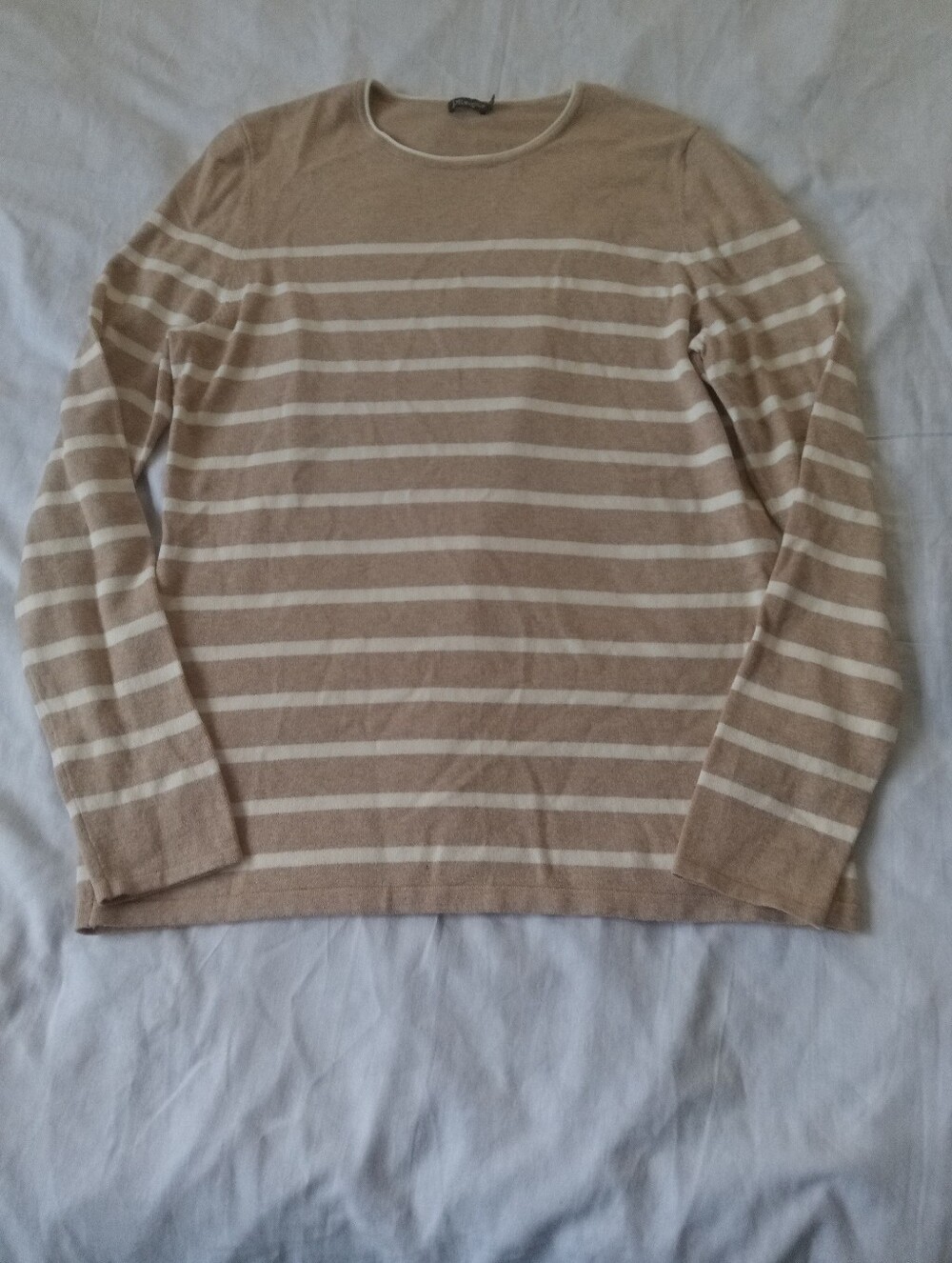 J. McLaughlin Beige and White Striped Crewneck Sweater Top